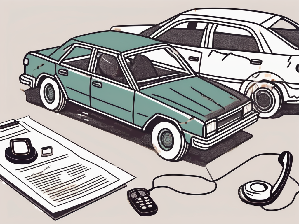 A car with visible damage parked next to an insurance policy document and a telephone