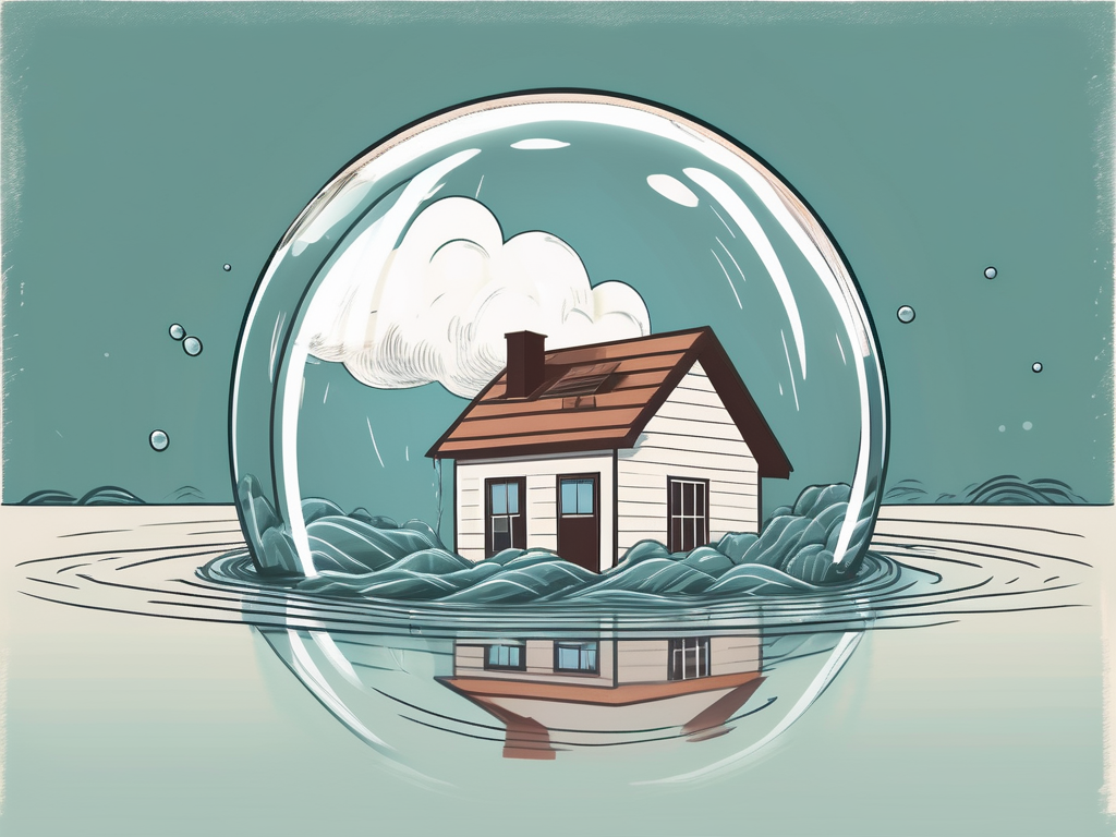 A house surrounded by rising flood waters with a protective bubble around it