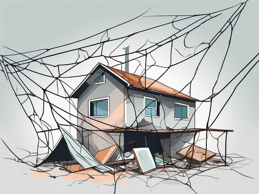 A cracked house structure and scattered personal belongings