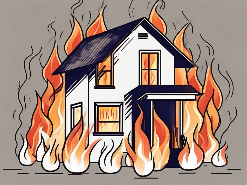 A house surrounded by flames with dollar signs rising like smoke