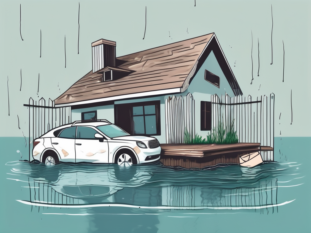 A house partially submerged in water with items such as furniture
