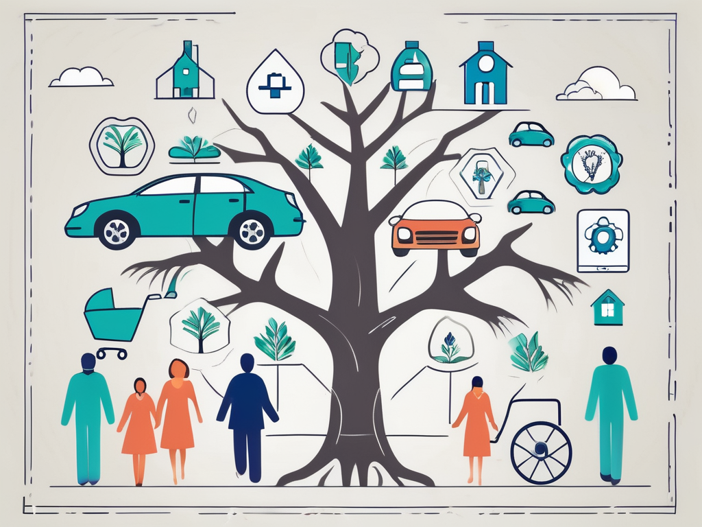 A life insurance policy surrounded by symbolic icons such as a house