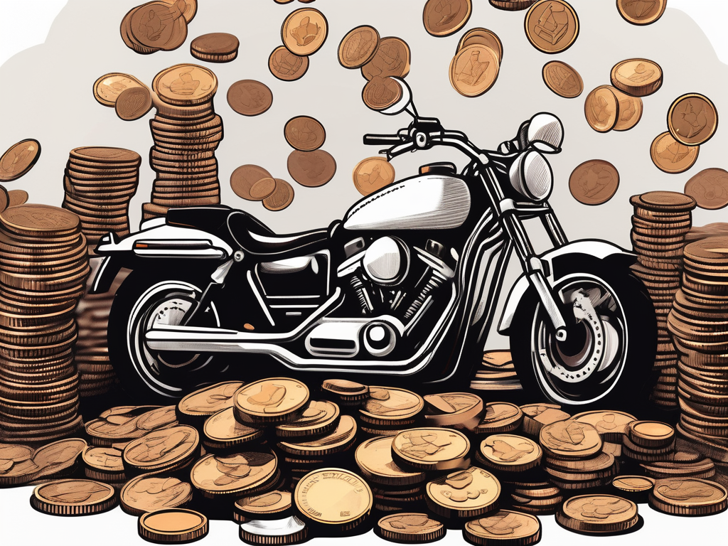 A motorcycle parked next to a towering pile of coins