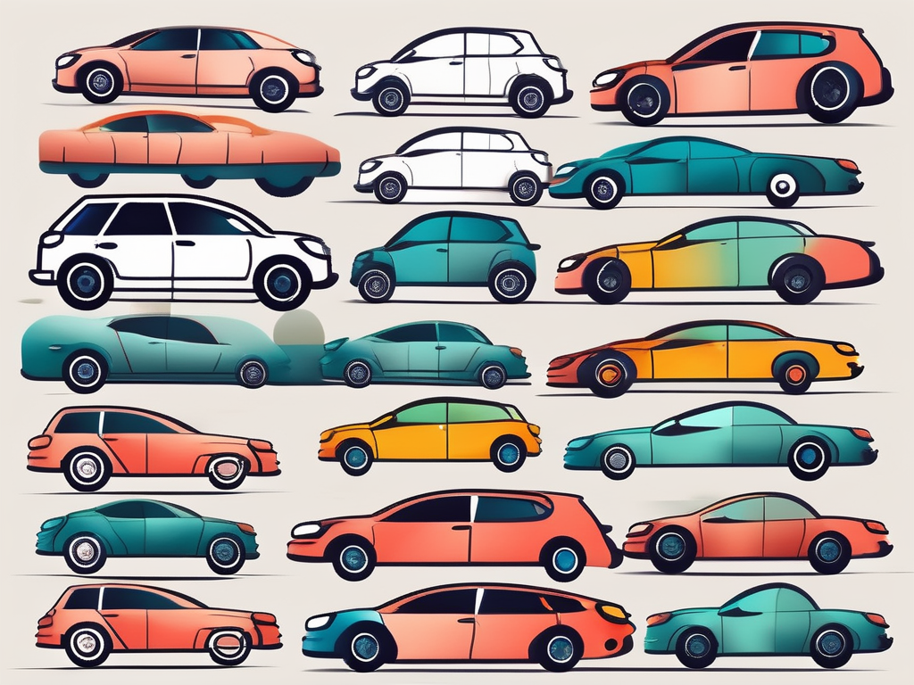 Various types of cars with different colored shields around them