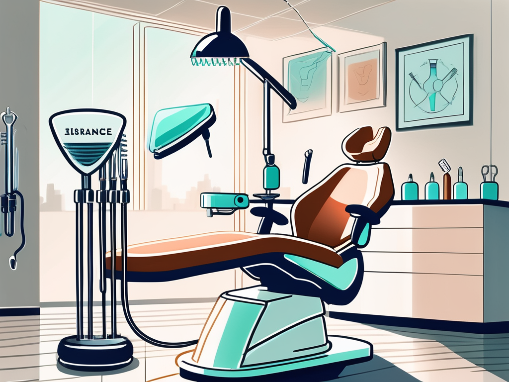 A dental chair with a nearby stand displaying various dental tools