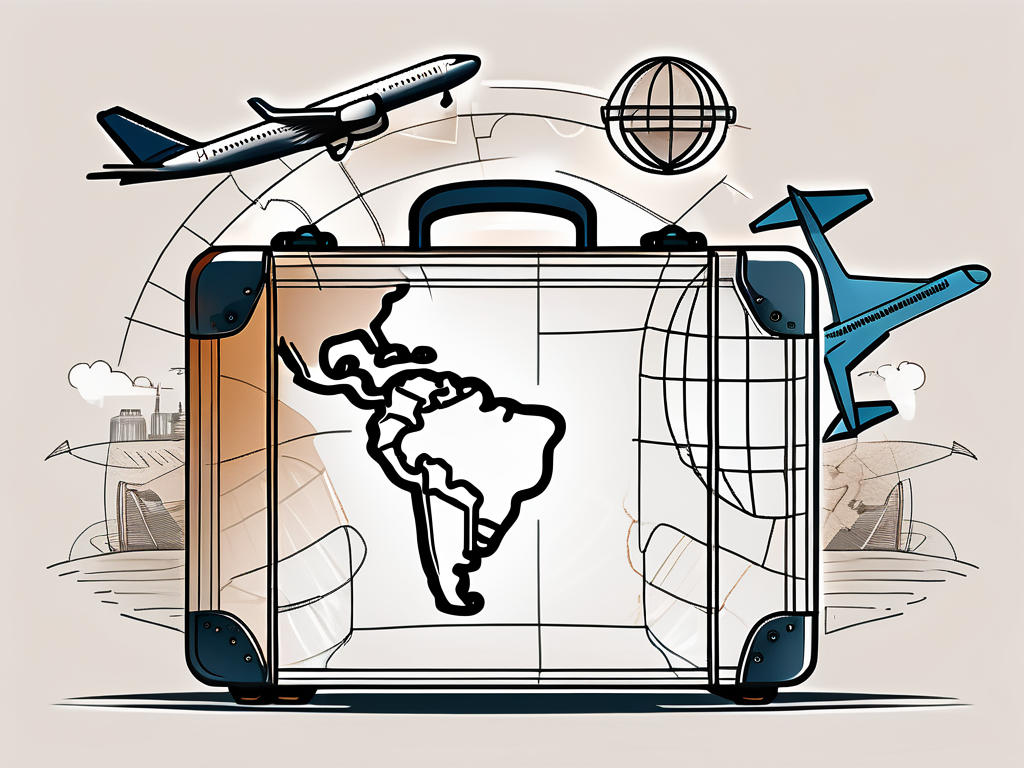 A globe with various travel elements like an airplane