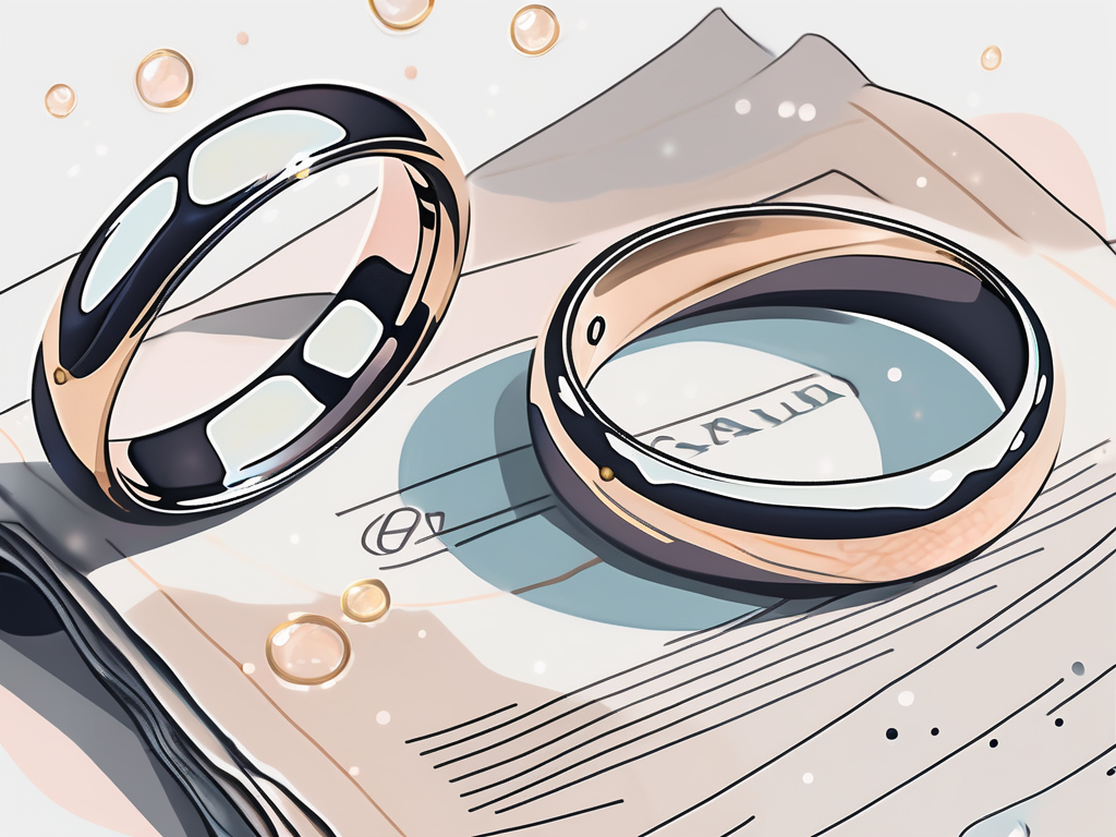 A pair of wedding rings next to an insurance policy document